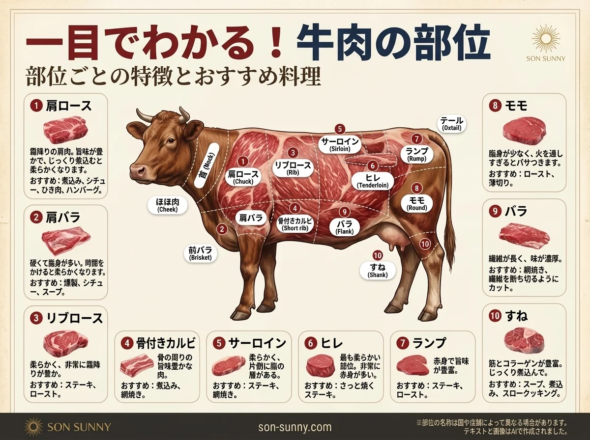 牛肉の部位が一枚でわかる - それぞれの特徴と、向いている料理