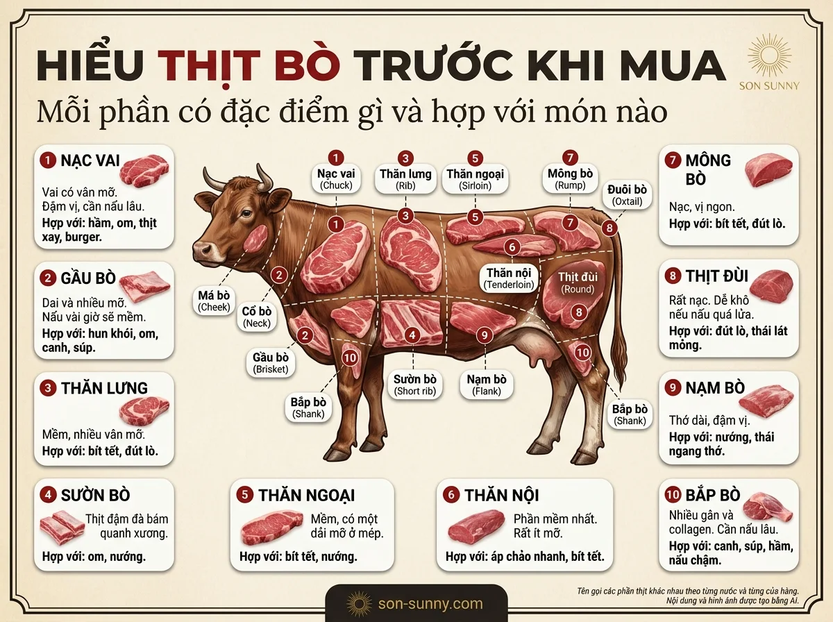 Hiểu thịt bò trước khi mua - Mỗi phần có đặc điểm gì và hợp với món nào