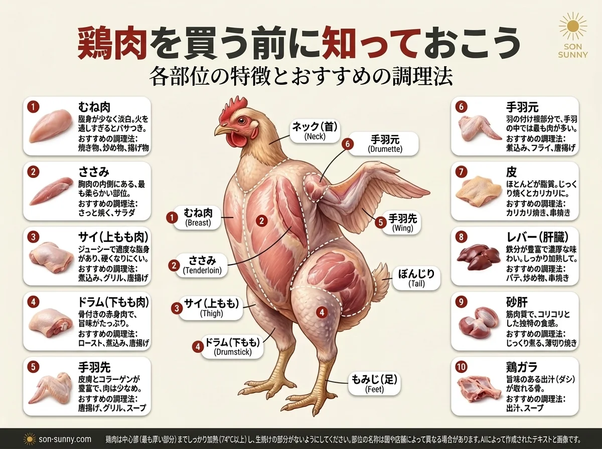 鶏肉の部位が一枚でわかる - それぞれの特徴と、向いている料理