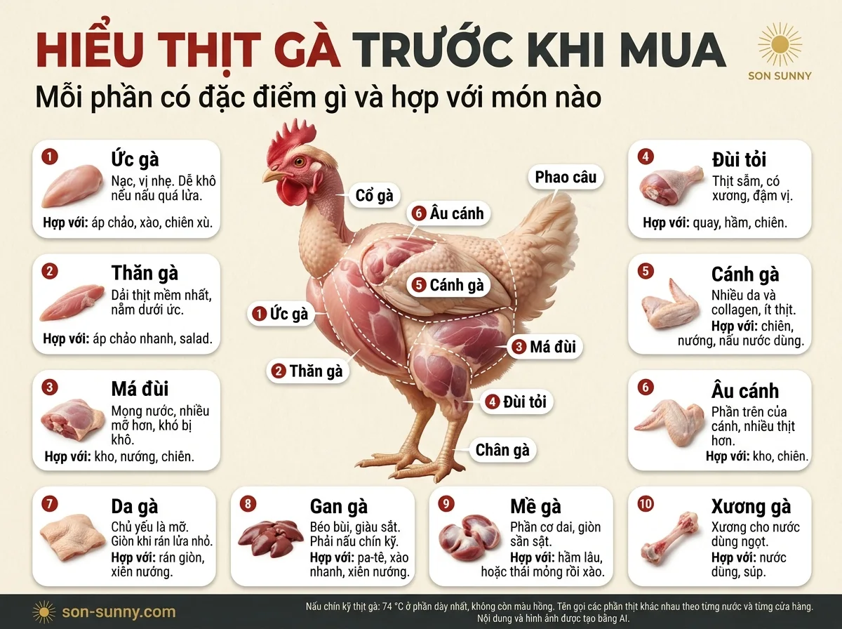 Hiểu thịt gà trước khi mua - Mỗi phần có đặc điểm gì và hợp với món nào