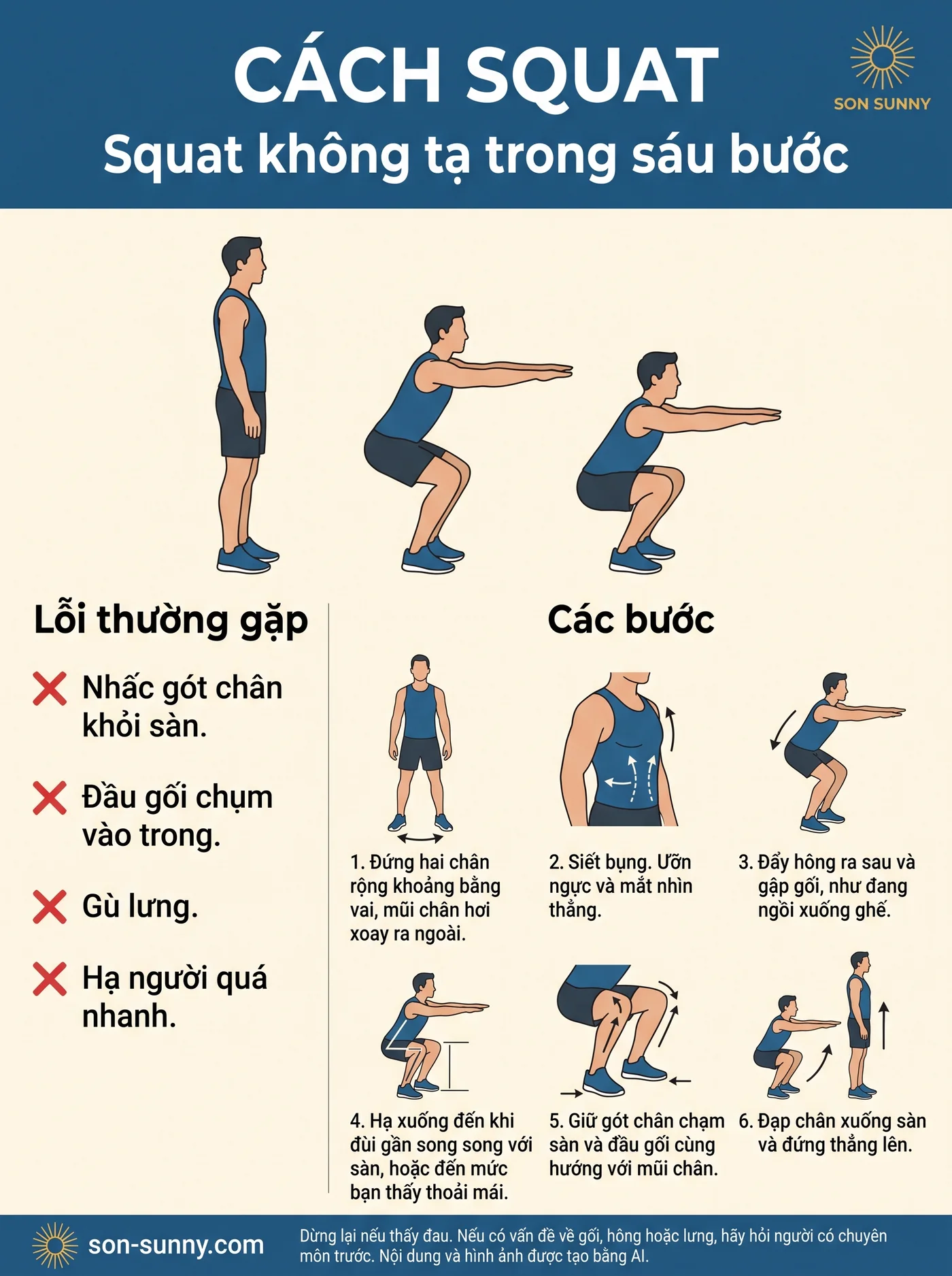 Cách squat - Squat không tạ trong sáu bước