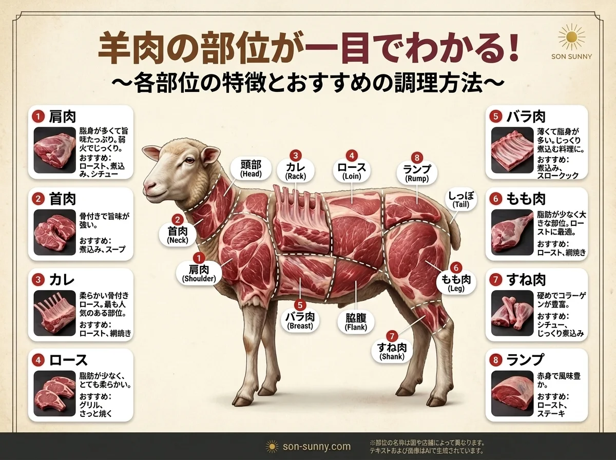 ラム肉の部位が一枚でわかる - それぞれの特徴と、向いている料理