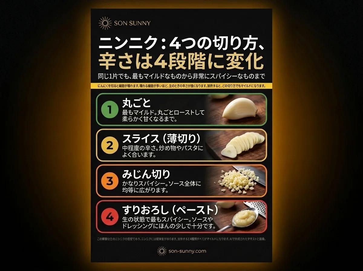 にんにく、切り方4つで辛みが変わる - 同じ1かけでも、おだやかな味から強い辛みまで