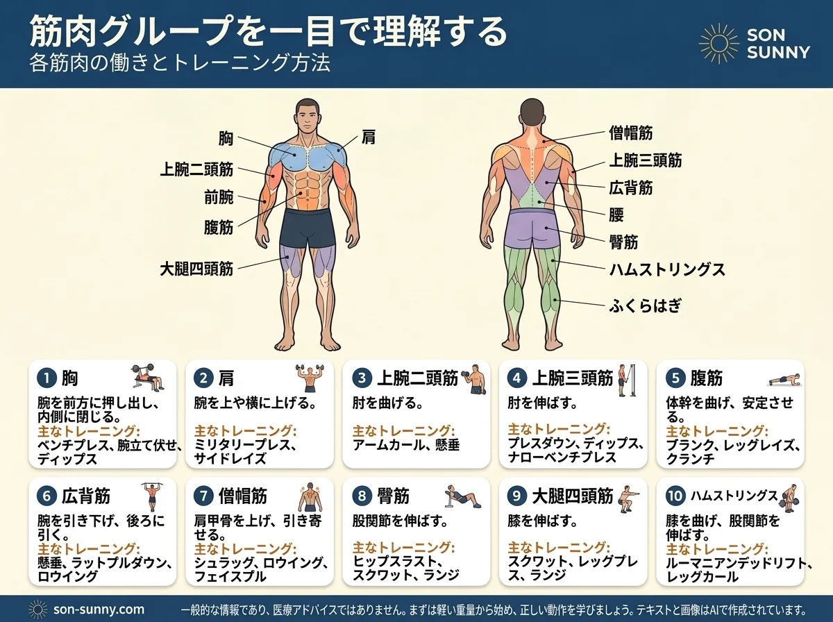 筋肉の部位が一枚でわかる - それぞれの働きと、鍛え方