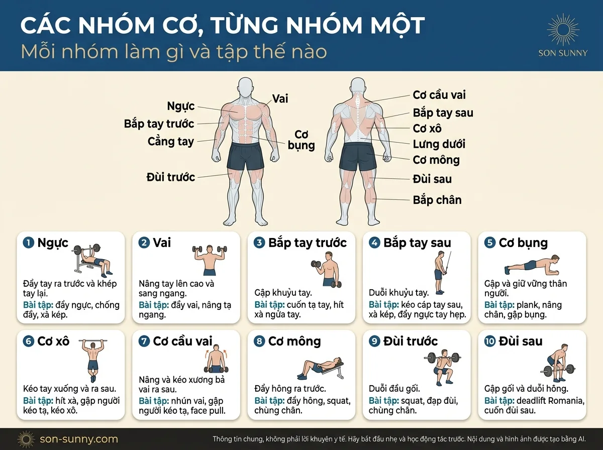 Các nhóm cơ, từng nhóm một - Mỗi nhóm làm gì và tập thế nào
