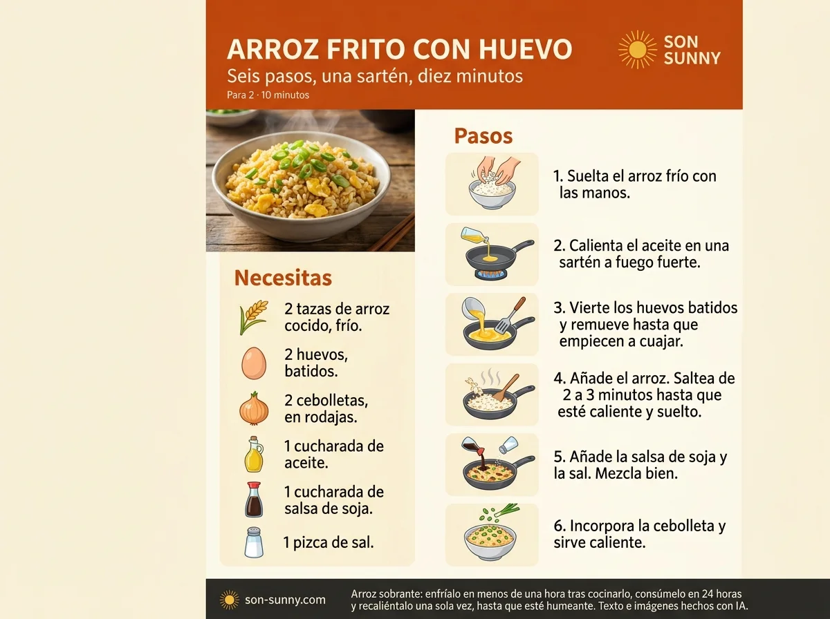 Arroz frito con huevo - Seis pasos, una sartén, diez minutos