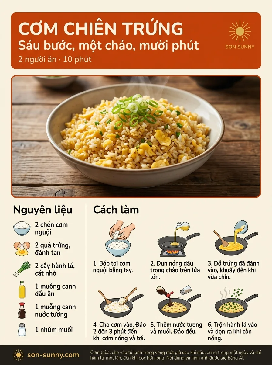Cơm chiên trứng - Sáu bước, một chảo, mười phút