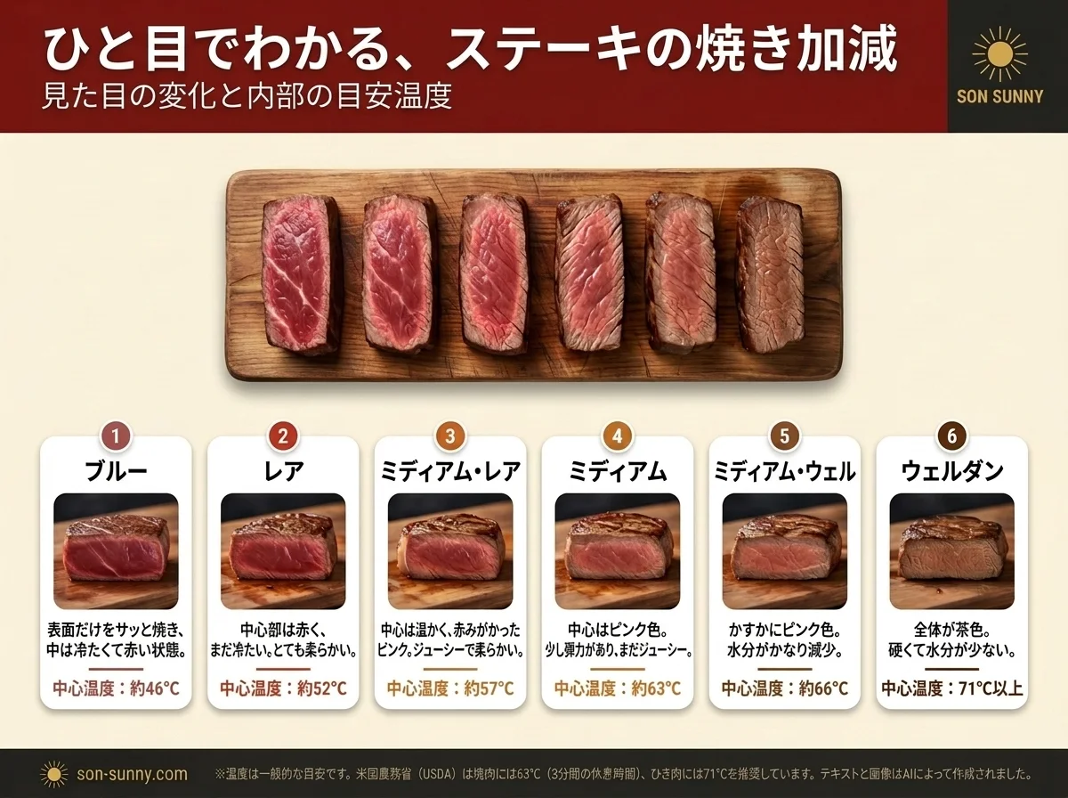 ステーキの焼き加減が一枚でわかる - 見た目と、中心温度の目安