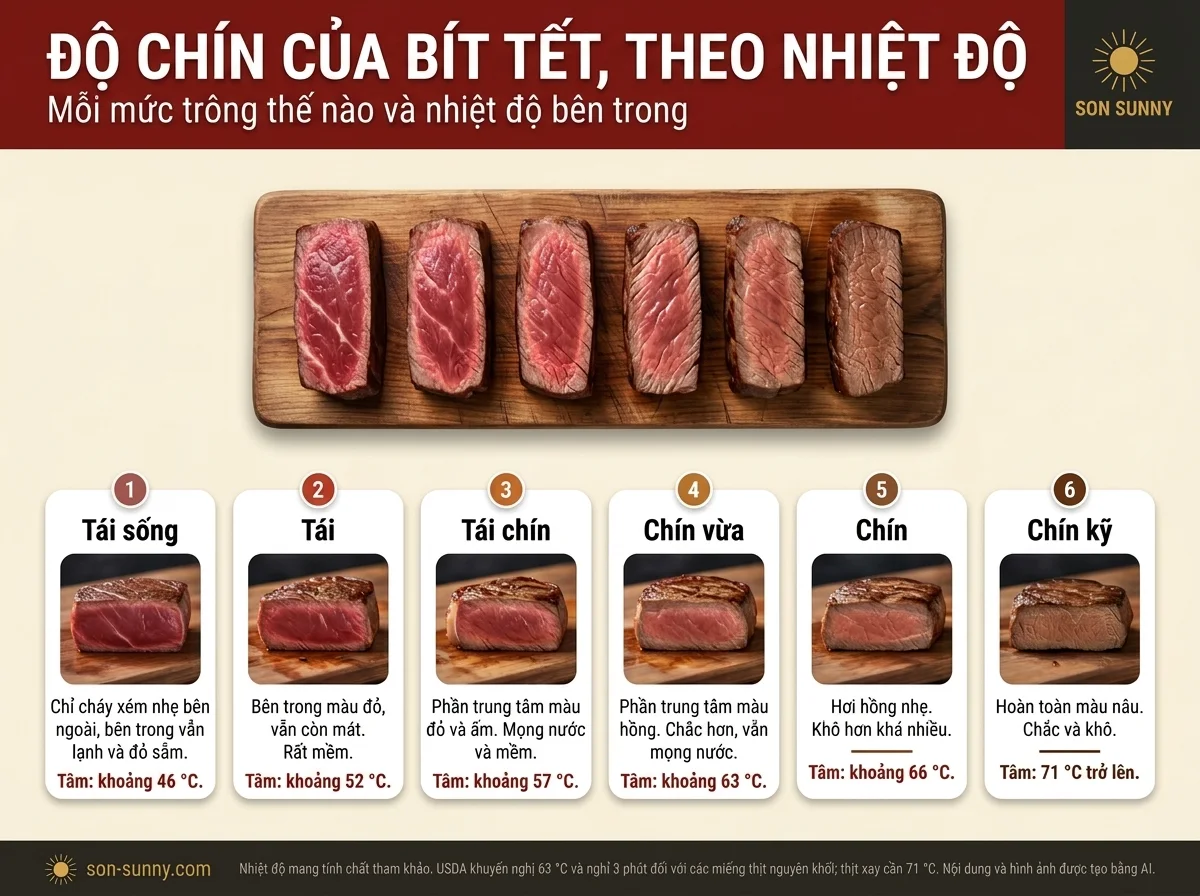 Độ chín của bít tết, theo nhiệt độ - Mỗi mức trông thế nào và nhiệt độ bên trong