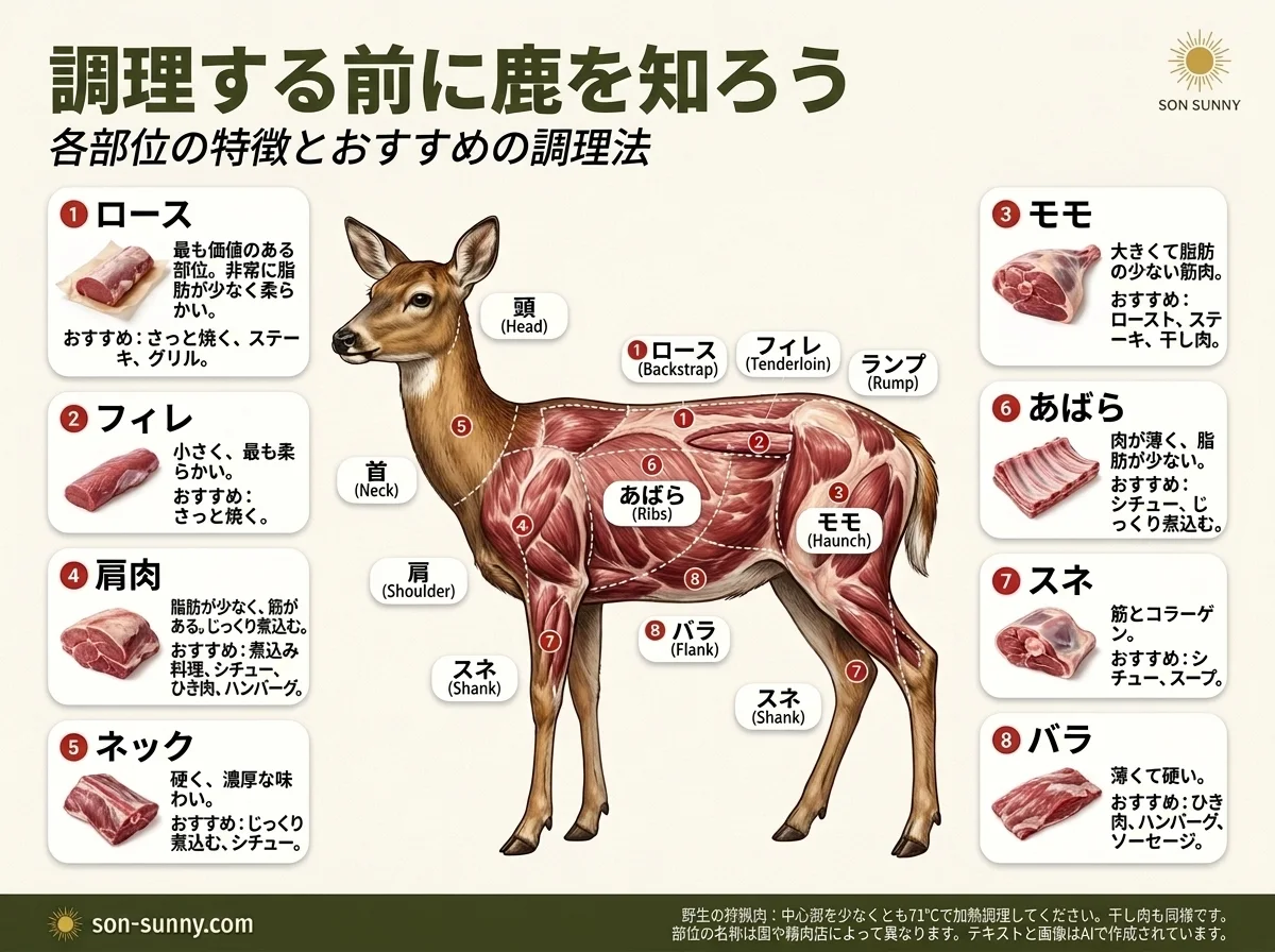 鹿肉の部位が一枚でわかる - それぞれの特徴と、向いている料理