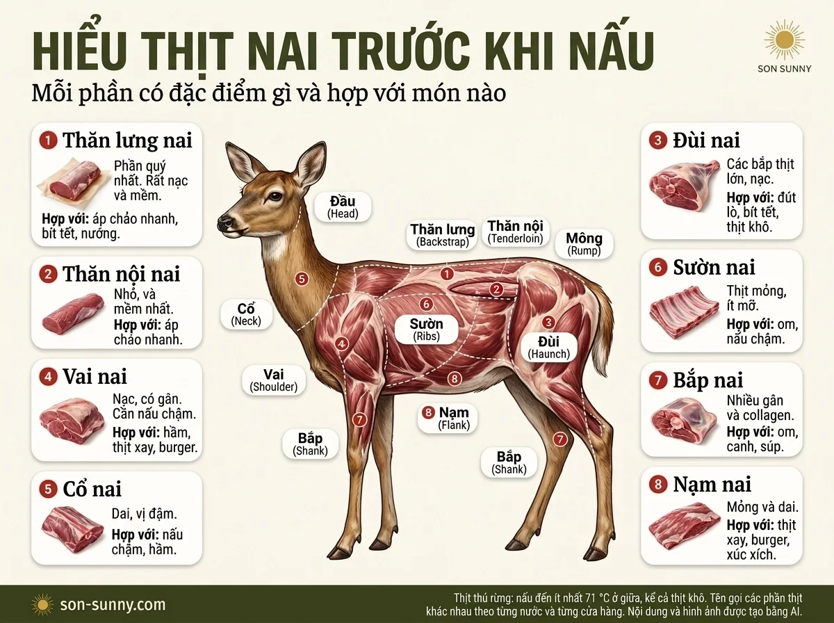 Hiểu thịt nai trước khi nấu - Mỗi phần có đặc điểm gì và hợp với món nào