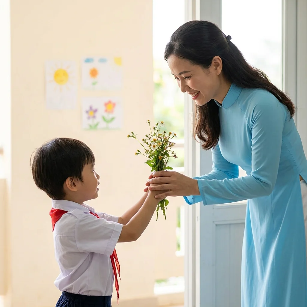 Un niño le da flores al maestro (creado con IA)