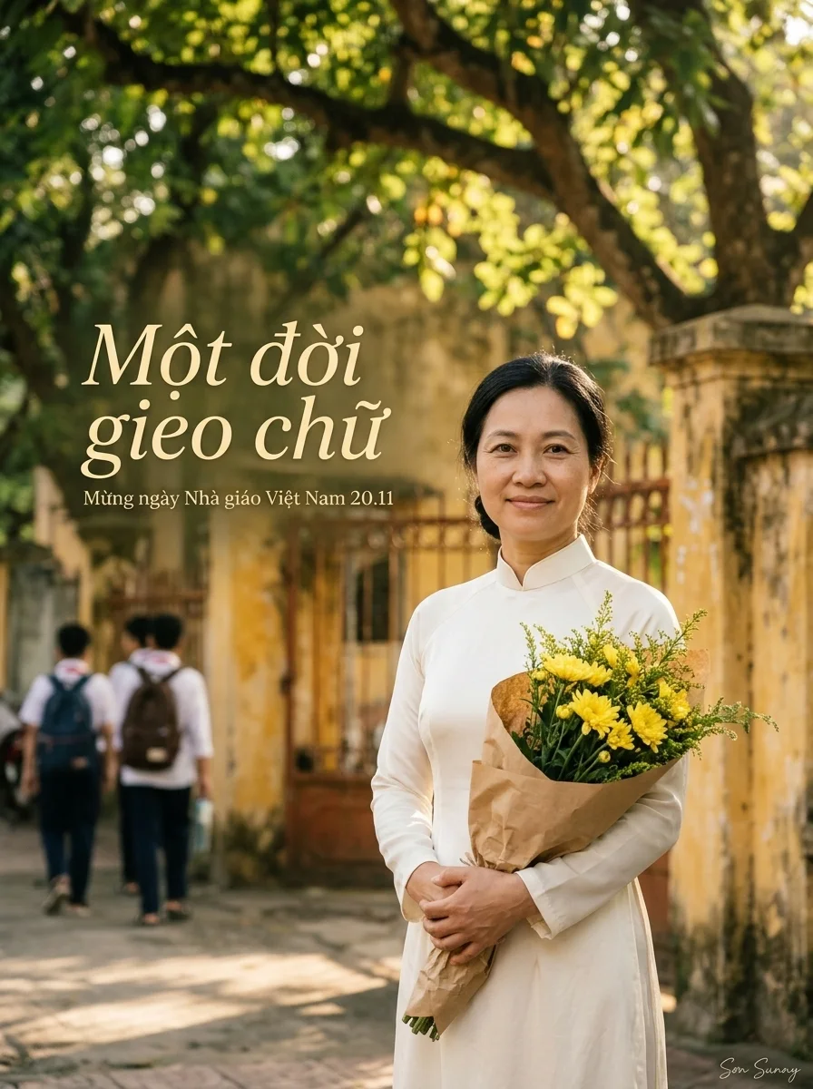 Teacher with yellow chrysanthemums at the school gate (made with AI)