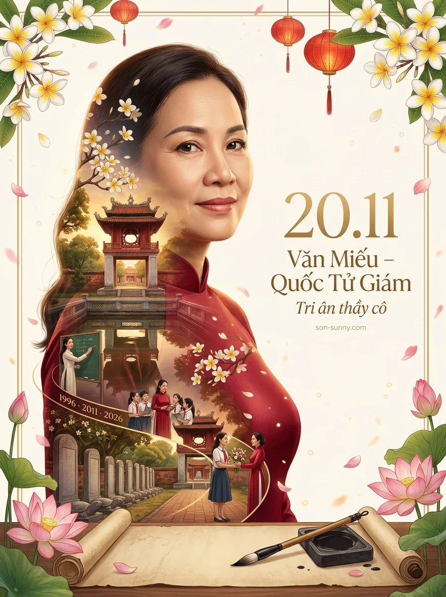 Exposure + timeline: Văn Miếu – Quốc Tử Giám (marco de flores) (hecho con IA)