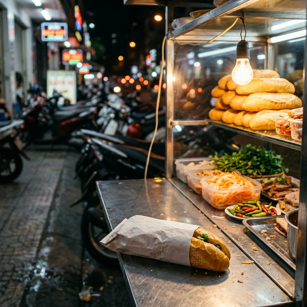 Bánh mì cart at night (made with AI)