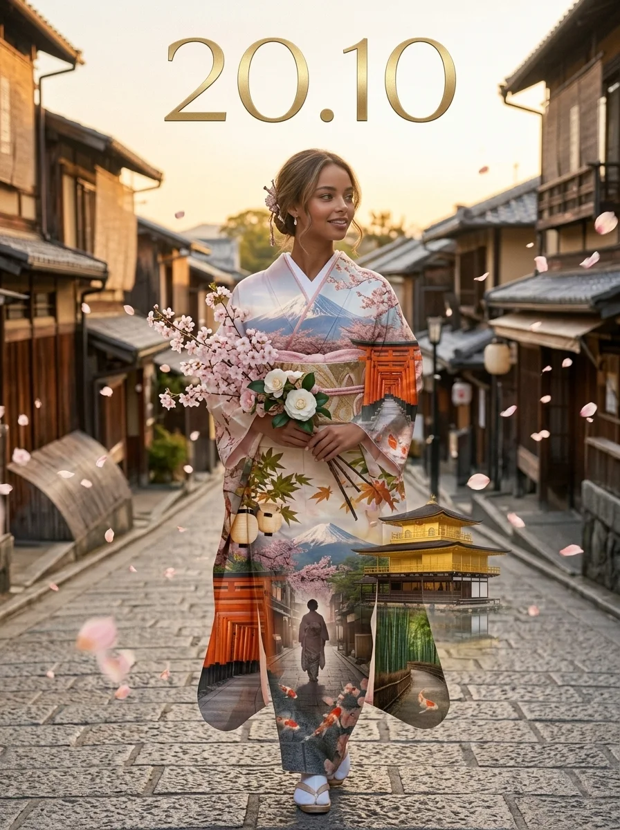 Double exposure: kimono ở Kyoto (tạo với AI)