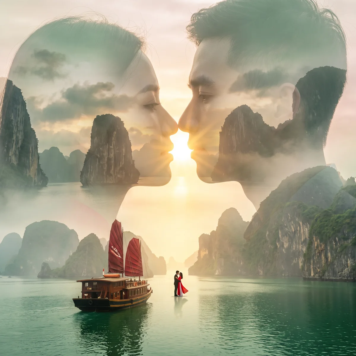 Dos caras, un amanecer: Hạ Long Bay (hecho con IA)