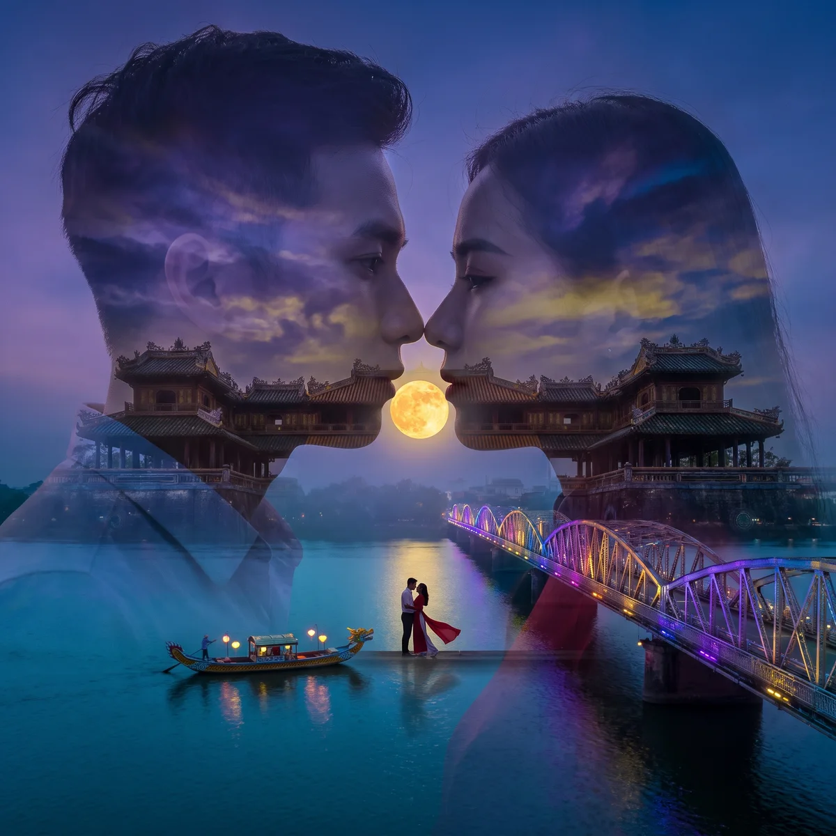 Two faces, one moonrise: Huế (made with AI)