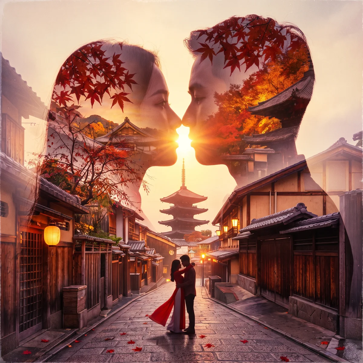 Hai khuôn mặt, một hoàng hôn: Kyoto (tạo với AI)