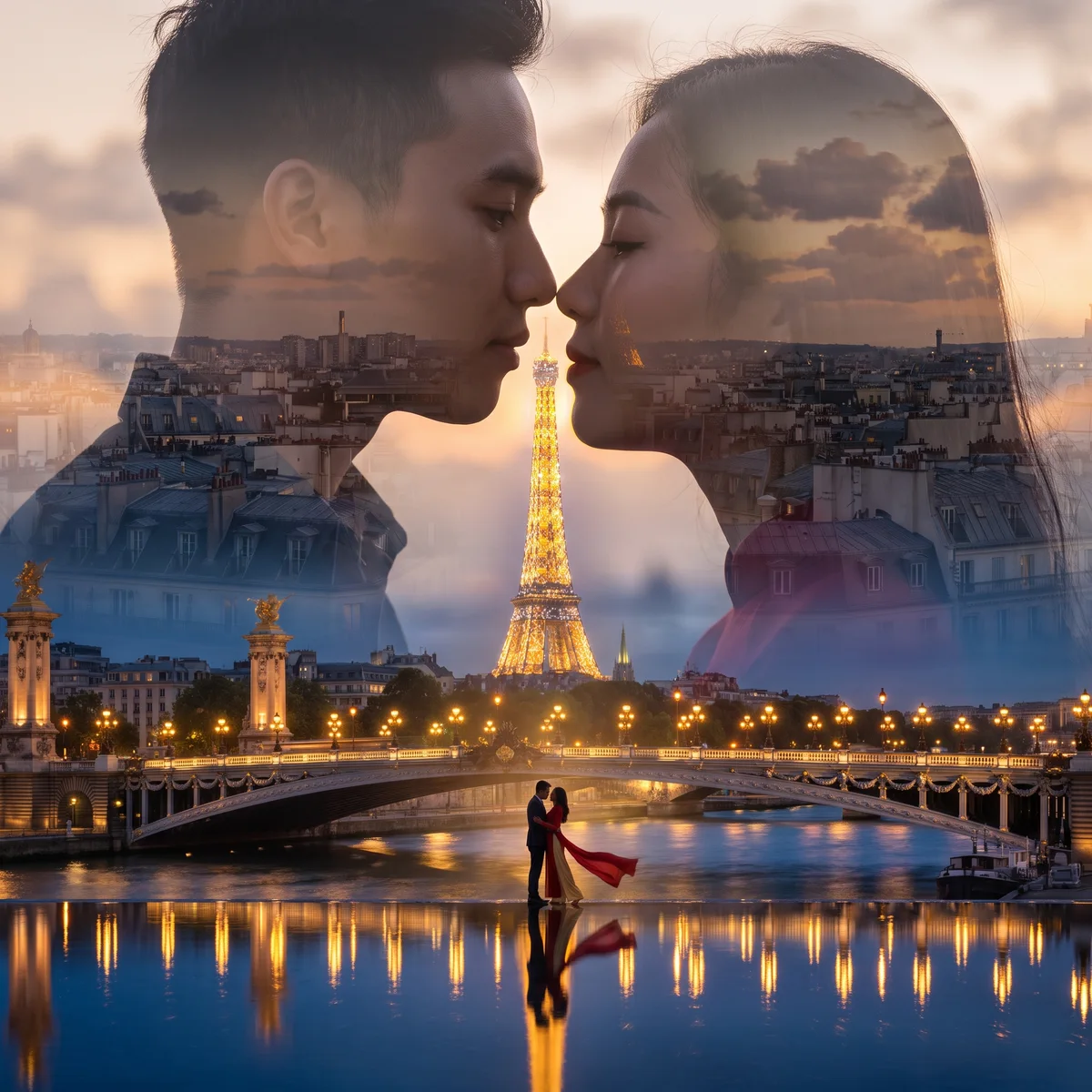Hai khuôn mặt, một ánh sáng thành phố: Paris (tạo với AI)