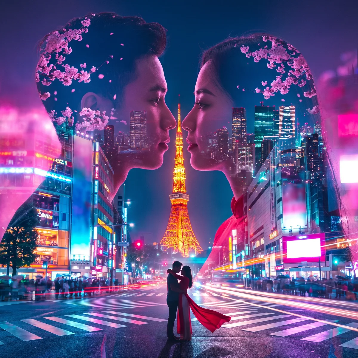 Dos caras, una luz de ciudad: Tokio (creado con AI)