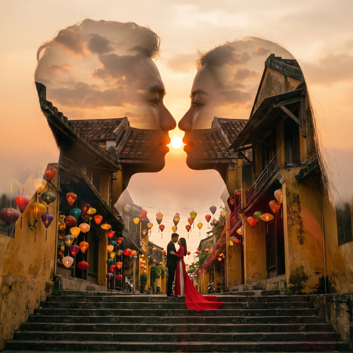 Dos caras, un atardecer: Hội An (hecho con IA)