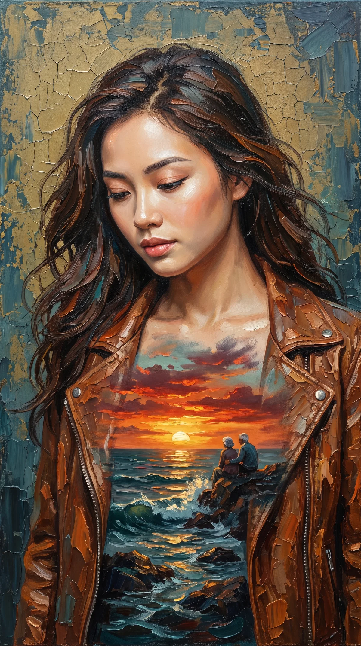 Một hoàng hôn bên trong cô: dầu palette-knife (được tạo với AI)