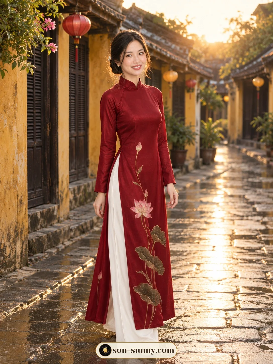 Hội An en la hora dorada, bordado de loto (hecho con IA)