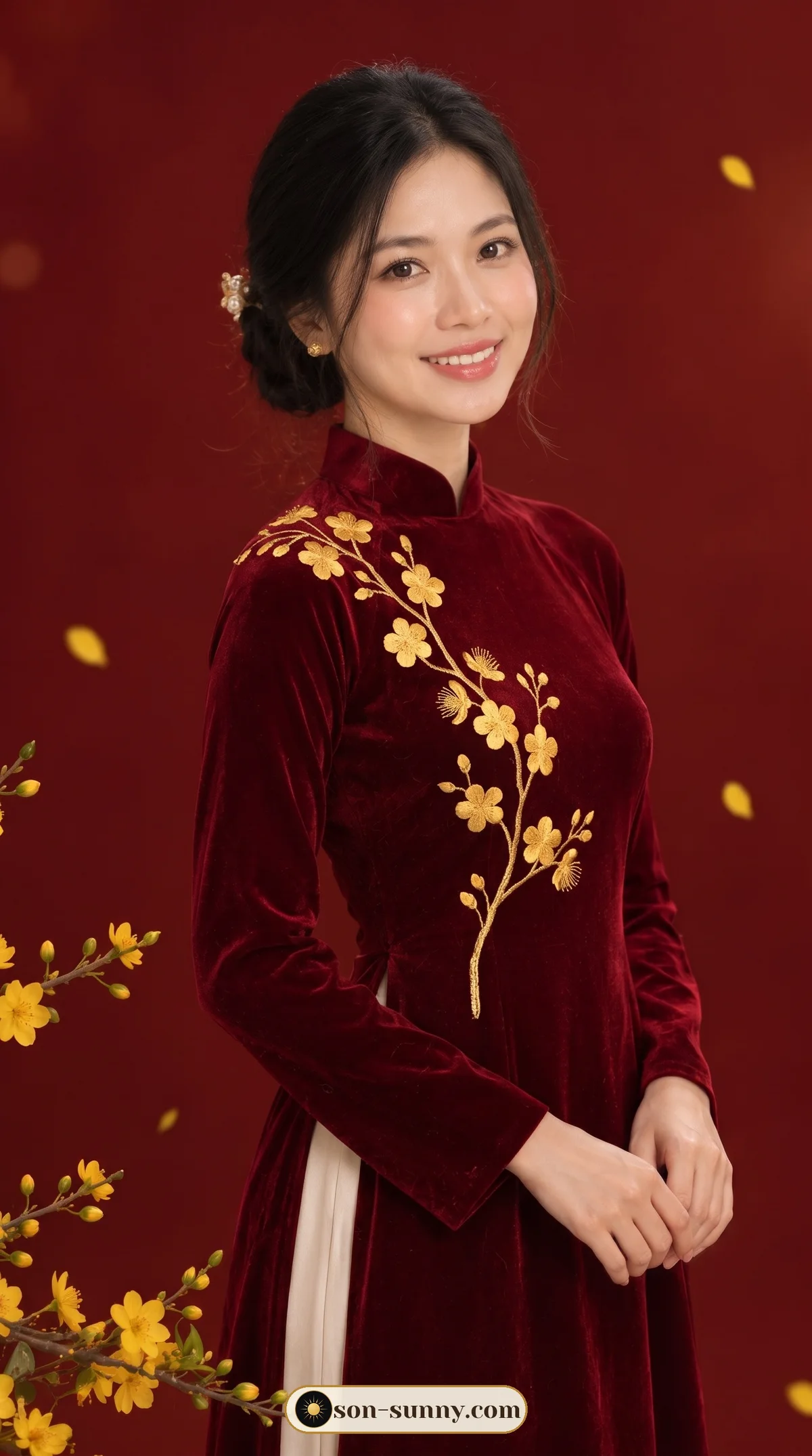 Velvet áo dài with a gold mai branch (AIで作成)