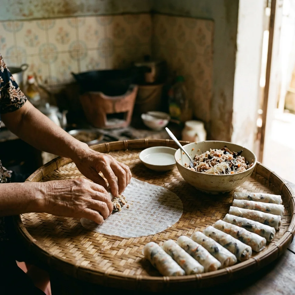 Hands rolling spring rolls (made with AI)