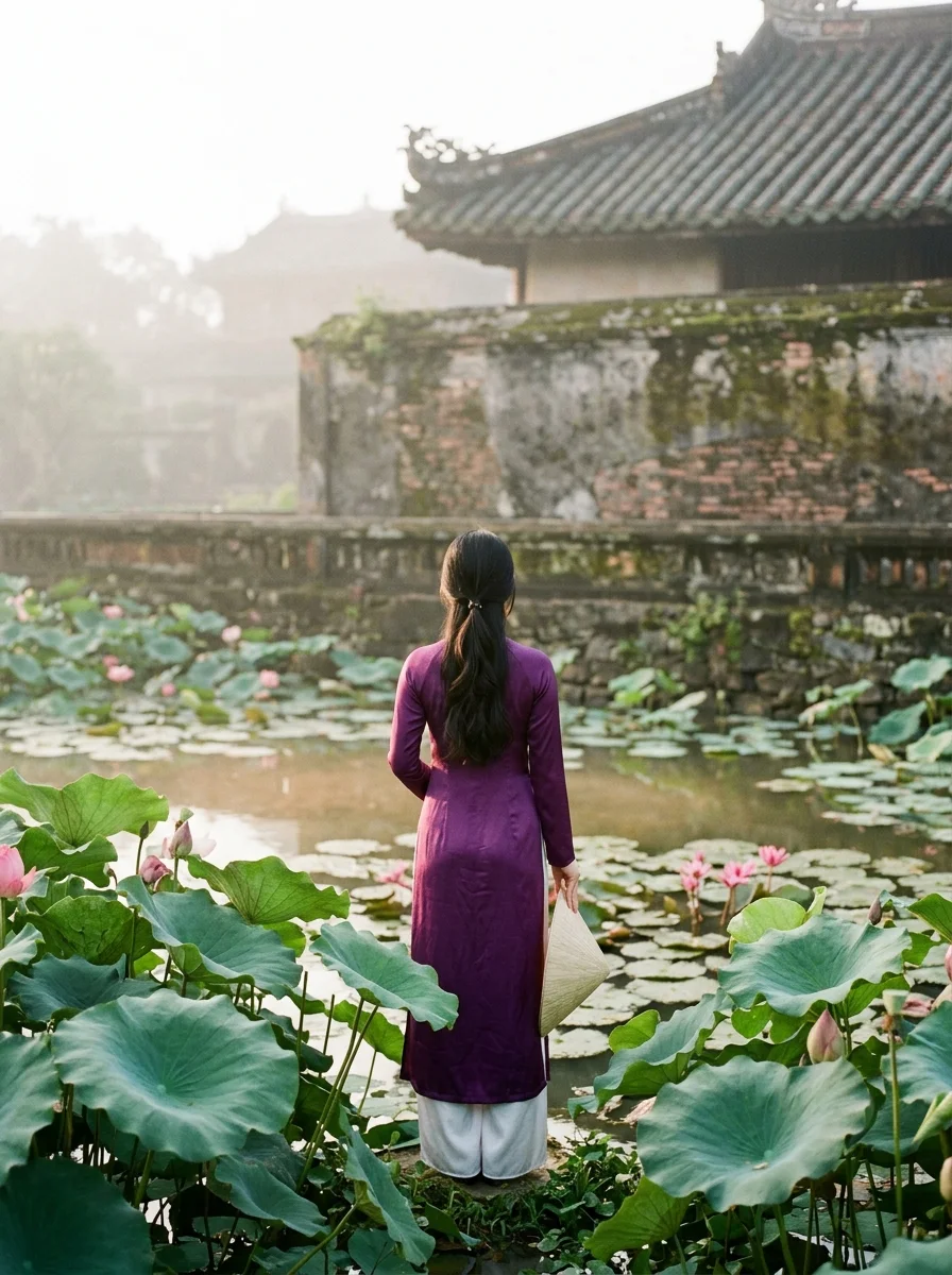 Purple áo dài by the lotus pond (made with AI)