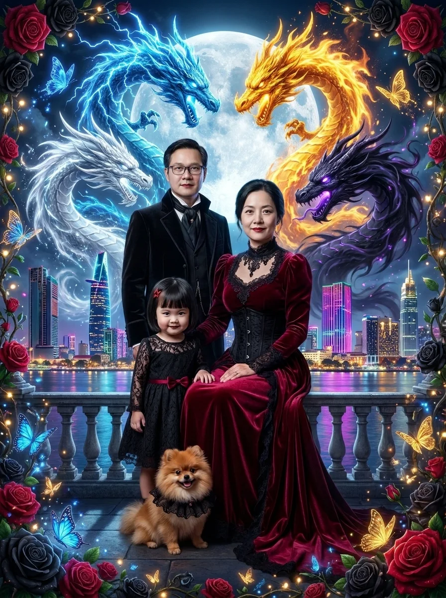 あなたの家族と四人の元素のドラゴンガーディアン (AIで作成)