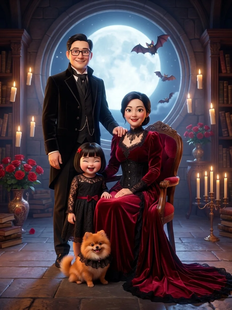 Gothic family as a 3D animated film still (made with AI)