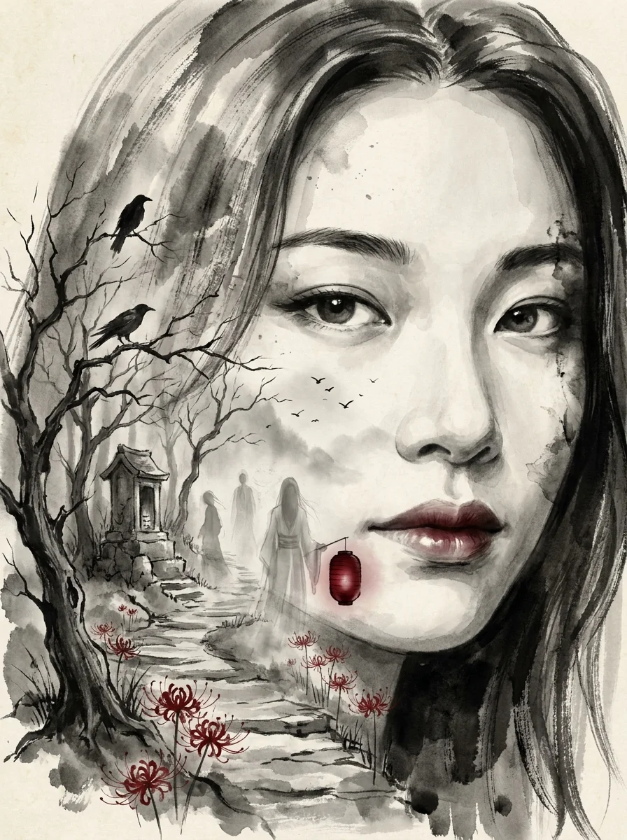 Tinta y farol rojo: el camino del fantasma (creado con IA)