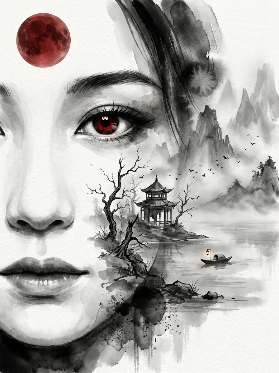 Tinta y luna roja: el lago embrujado en tu cara (creado con IA)