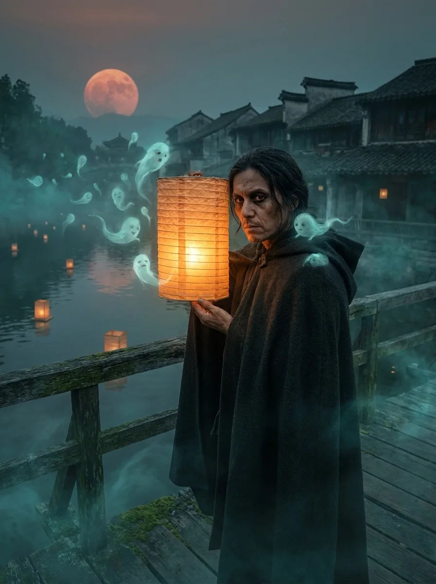 Người đi đèn giữa những linh hồn lang thang (tạo với AI)