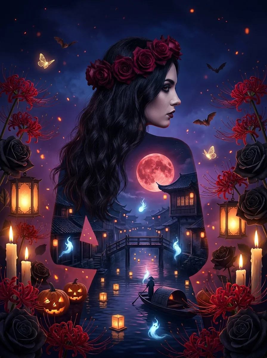 Cửa sổ Halloween: sông đèn lồng của các linh hồn (tạo với AI)