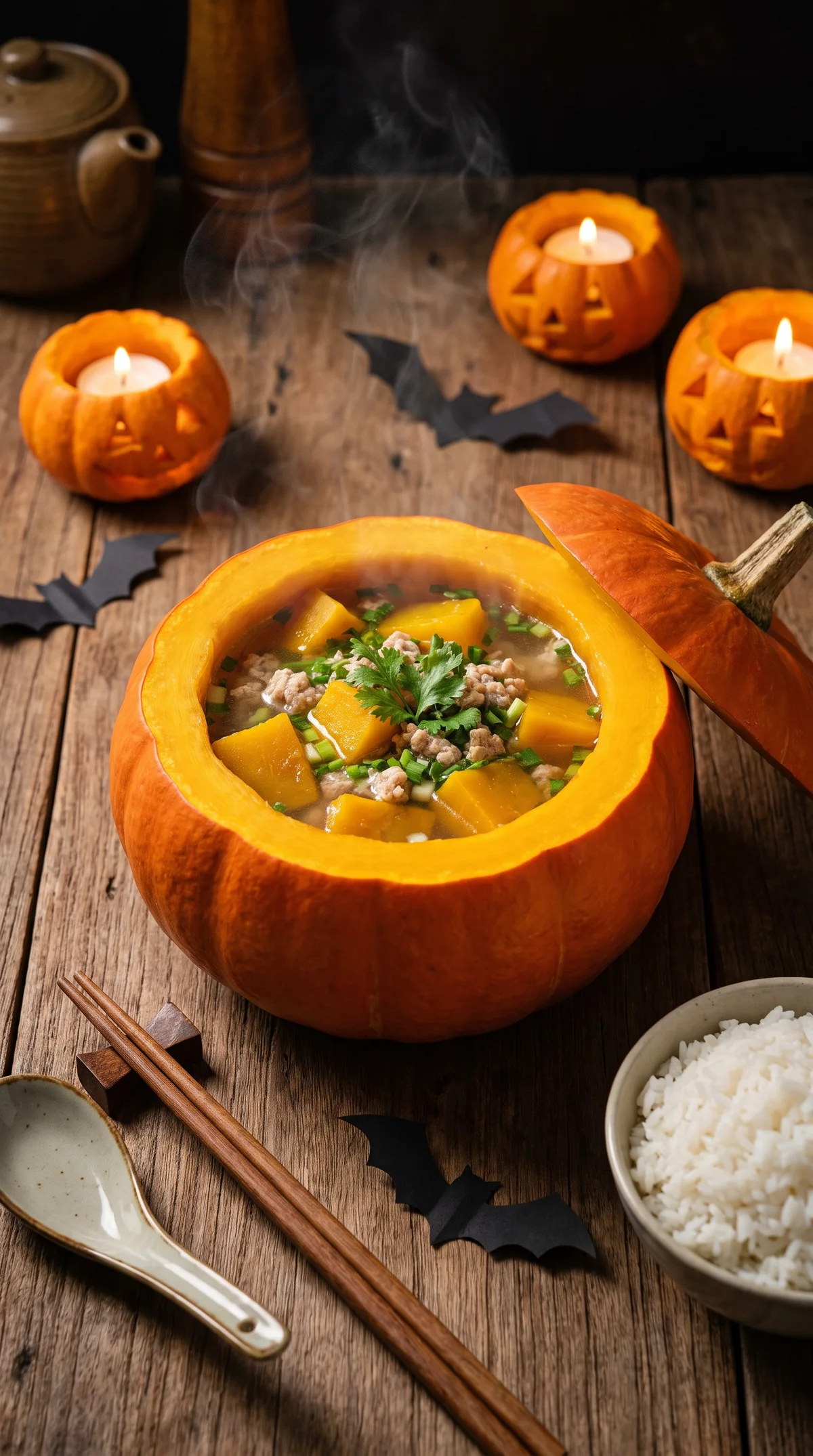 Sopa de calabaza en calabaza (creado con AI)