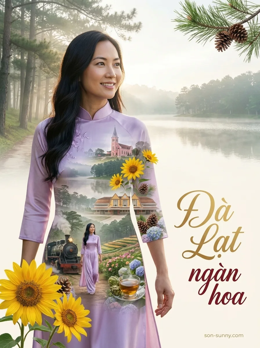 Đà Lạt ngàn hoa: mañana brumosa, girasoles silvestres (hecho con IA)