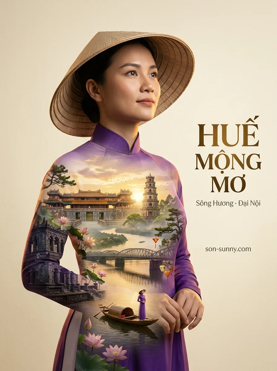 Huế mộng mơ: an editorial campaign poster (made with AI)