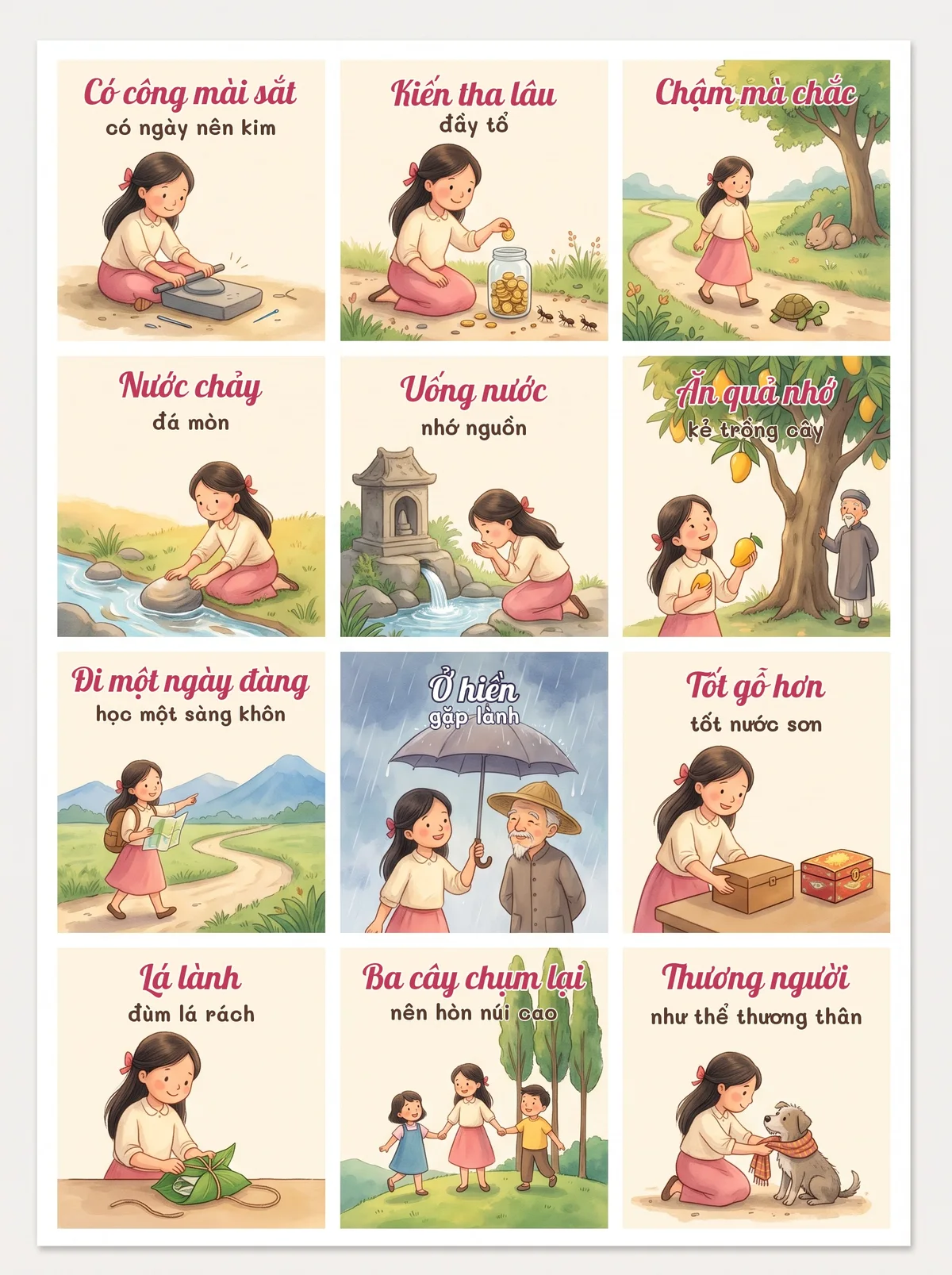 12 Vietnamese sayings, one girl (made with AI)