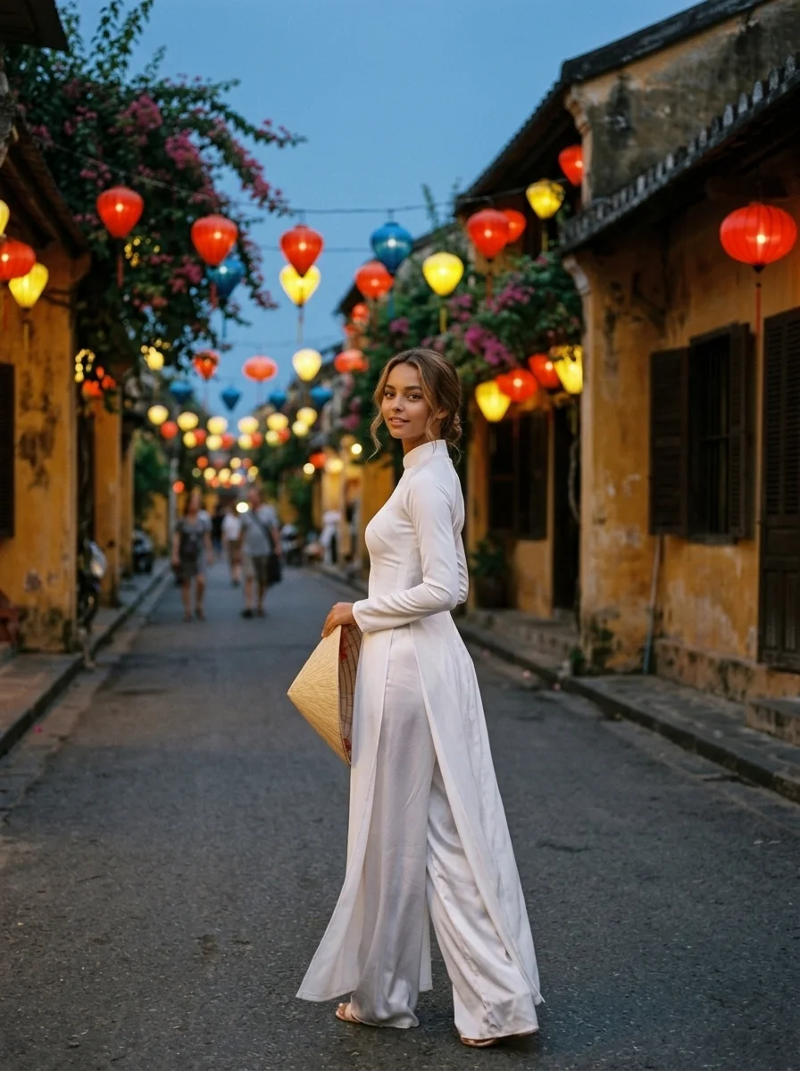 White áo dài under Hội An lanterns (made with AI)