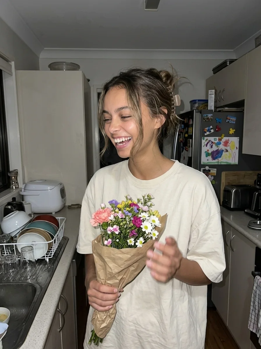 Flowers from the kids, a phone snapshot (made with AI)