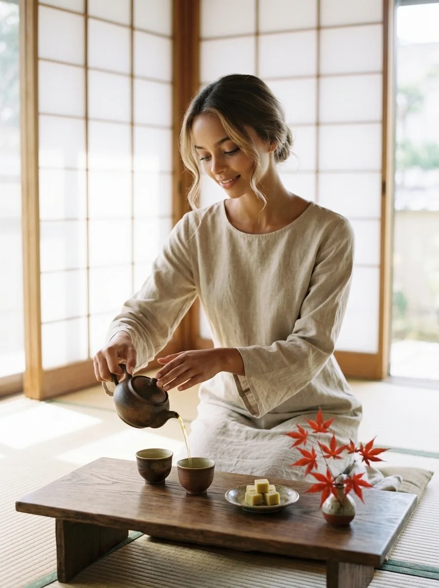 Vietnamese tea in a Kyoto room (made with AI)