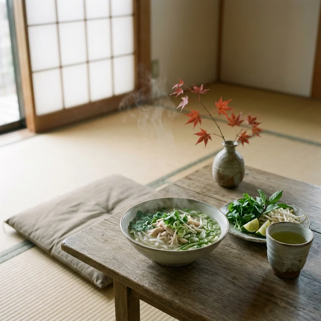 A Vietnamese bowl in a Japanese room (made with AI)