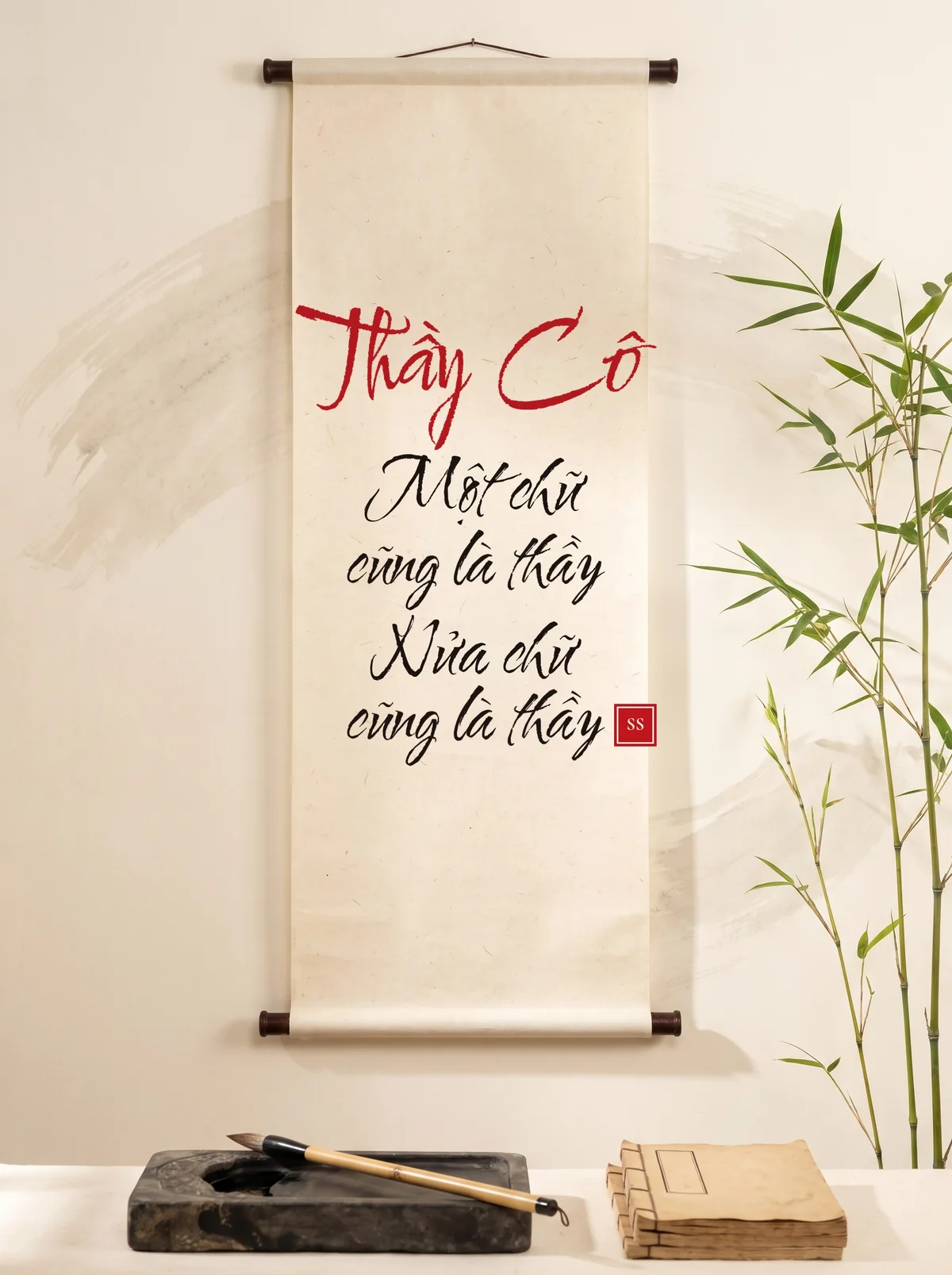 Calligraphy scroll: Thầy Cô (made with AI)