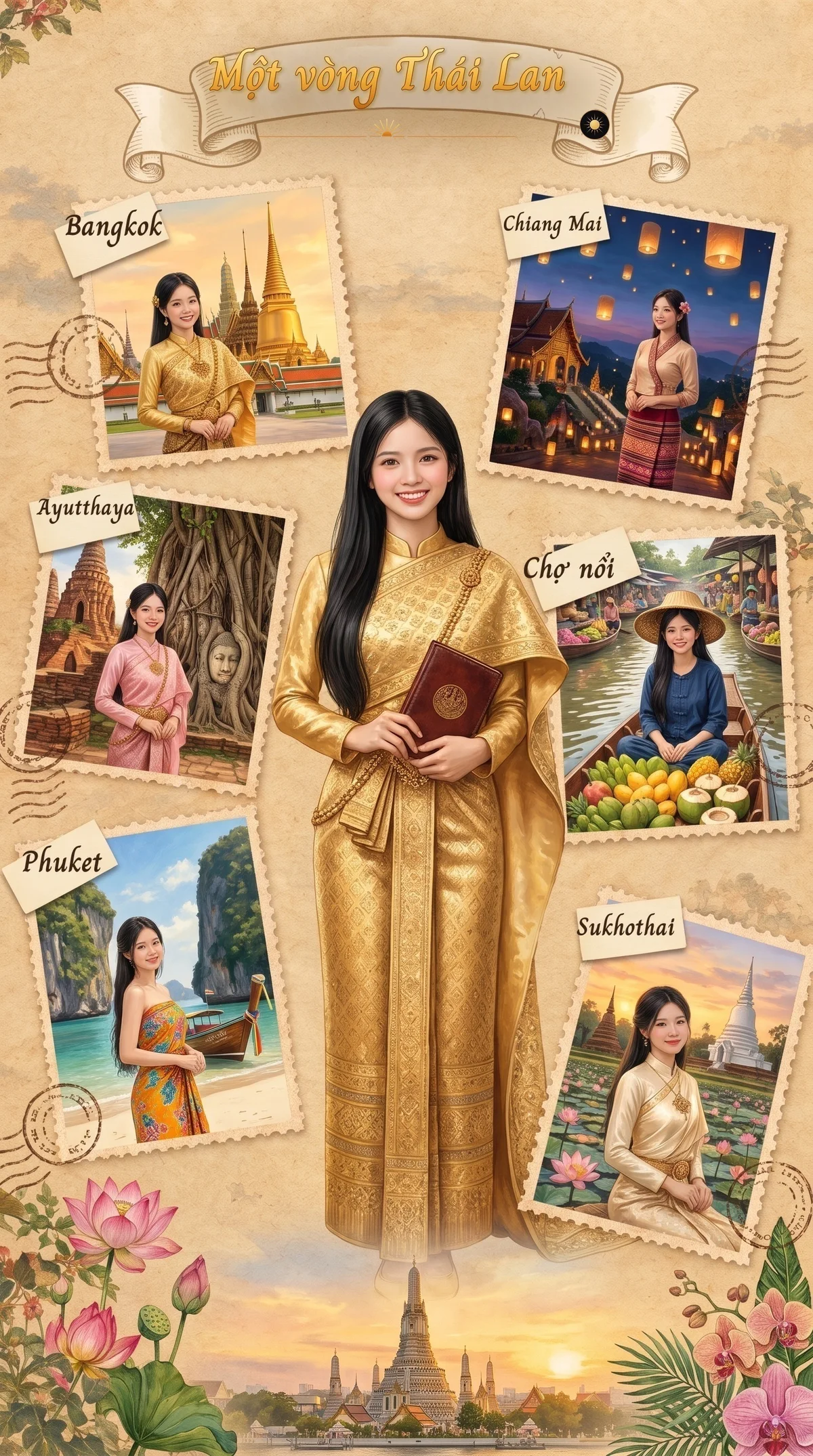 Around Thailand in six stamps (made with AI)