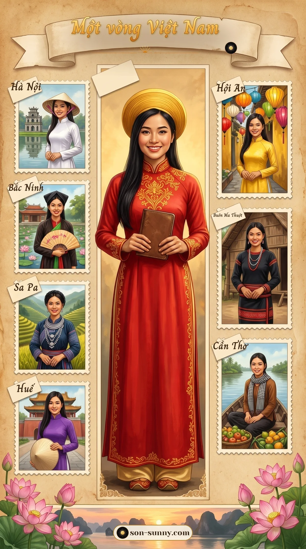 Around Vietnam in seven stamps (made with AI)
