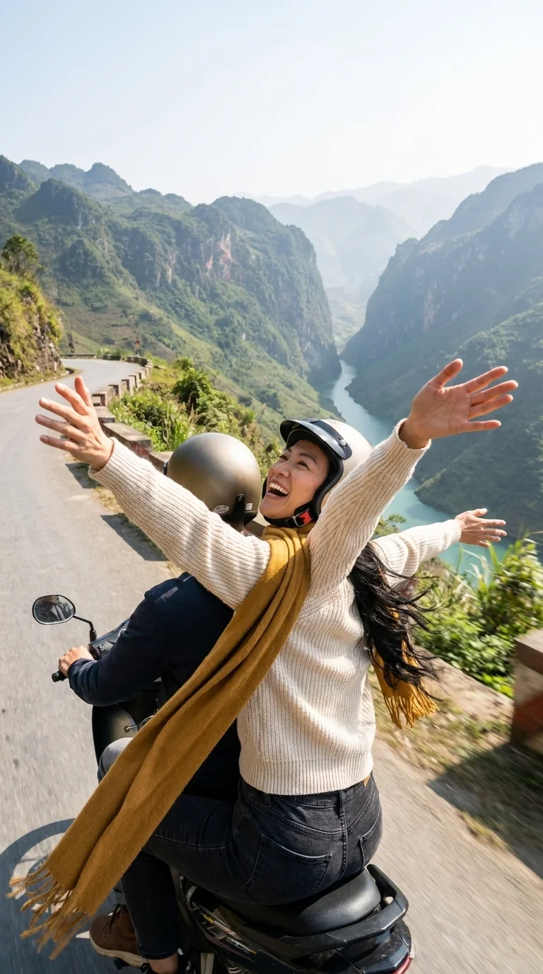 Brazos abiertos en el bucle de Hà Giang (hecho con IA)