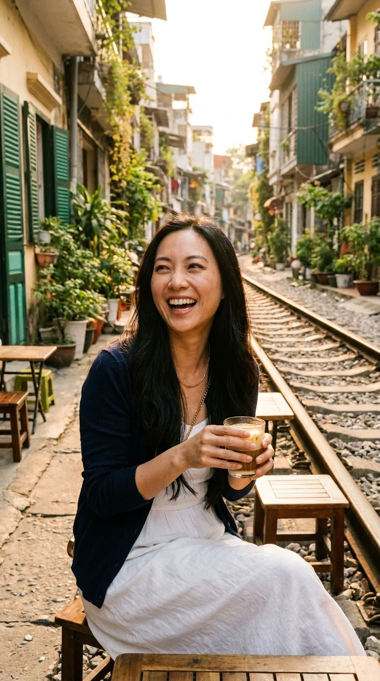 Café en la calle del tren de Hà Nội (hecho con IA)
